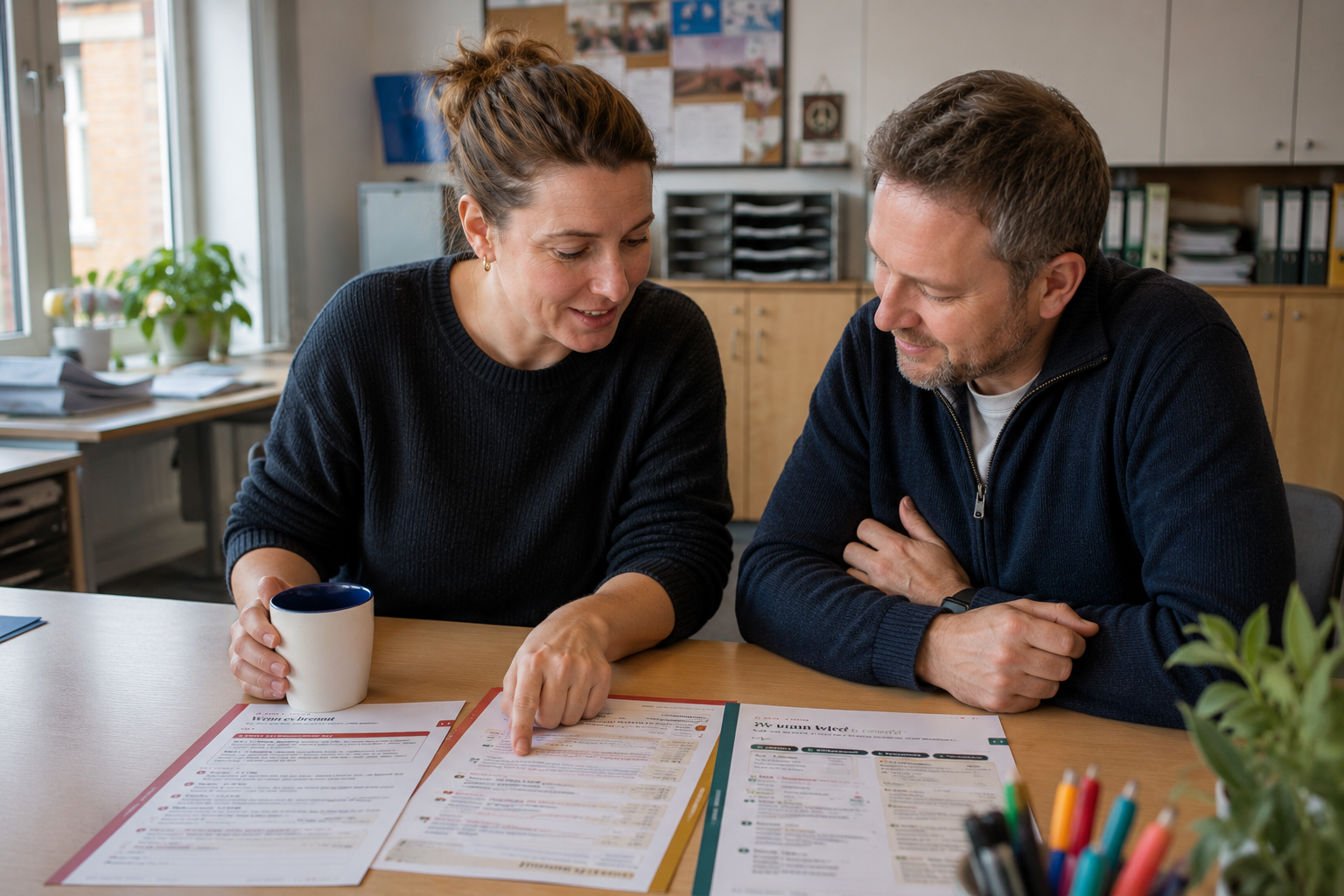 Zwei Lehrkräfte besprechen im Lehrerzimmer die A4-Praxiskarten