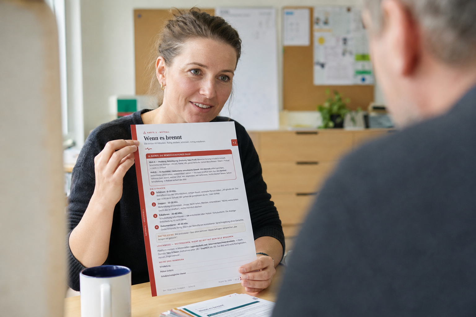 Lehrerin zeigt im Gespräch die Praxiskarte „Wenn es brennt“